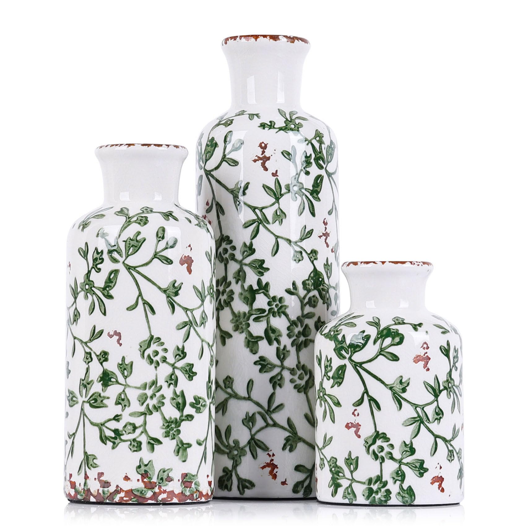 Green Ceramic Vase Set - 3 Chinoiserie Green Floral Vases, Farmhouse Country Flower Vase Home Decor, Living Room Decoration, Table Decoration, Fireplace Decor, and Entrance Decorations Centerpiece
