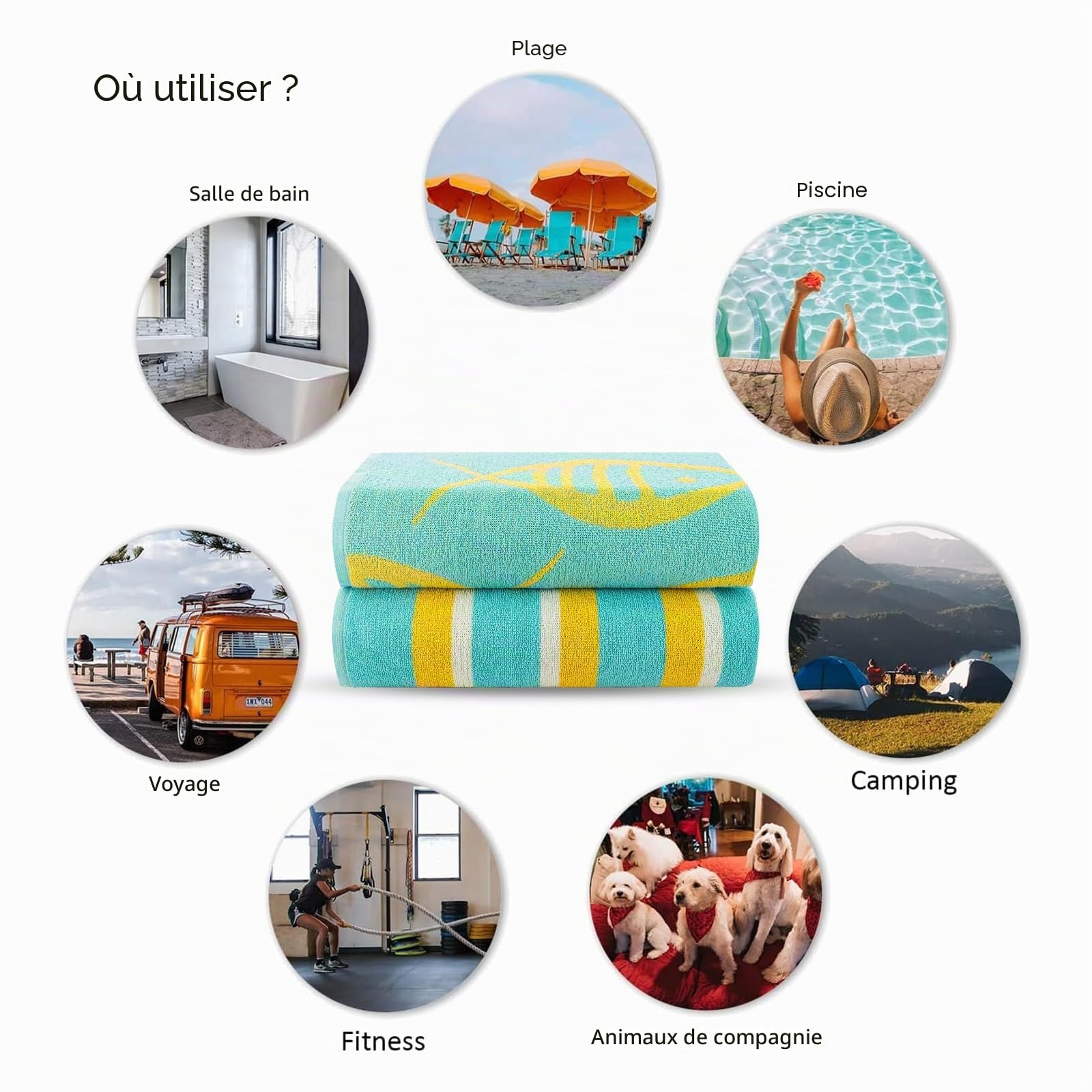 Casa Copenhagen 2 draps Bain, 600g/m², Poissons Bleu - Vert & Rayures | Miami serviettes 100% coton égyptien (150 x 75 cm) plage, douche et piscine (coffret cadeau femme et homme)
