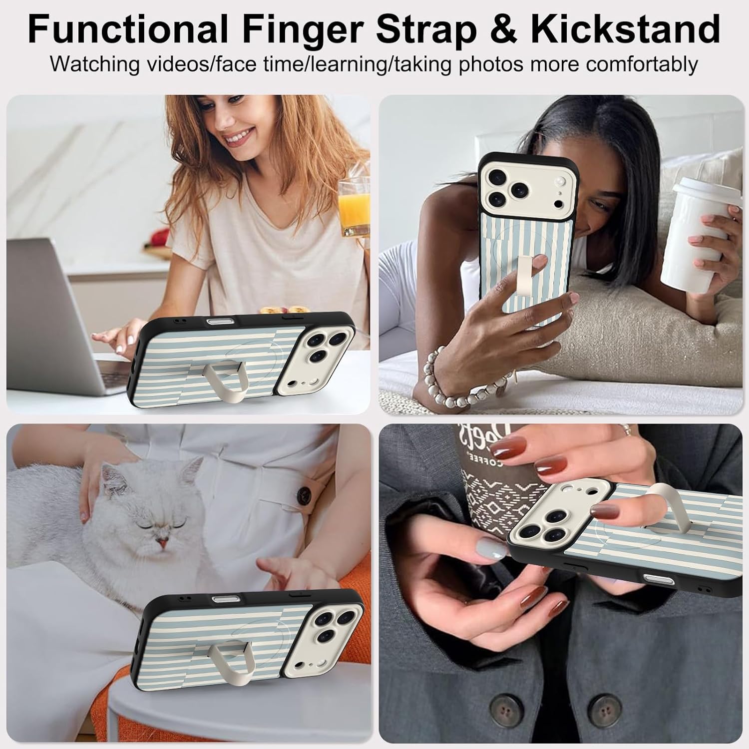 Magnetic for iPhone 17 Pro Max Case with Finger Strap Stand, Compatible with Magsafe, Trendy Striped Phone Case for Women Men Slim Shockproof Cover for 17 Pro Max, White Blue Stripes