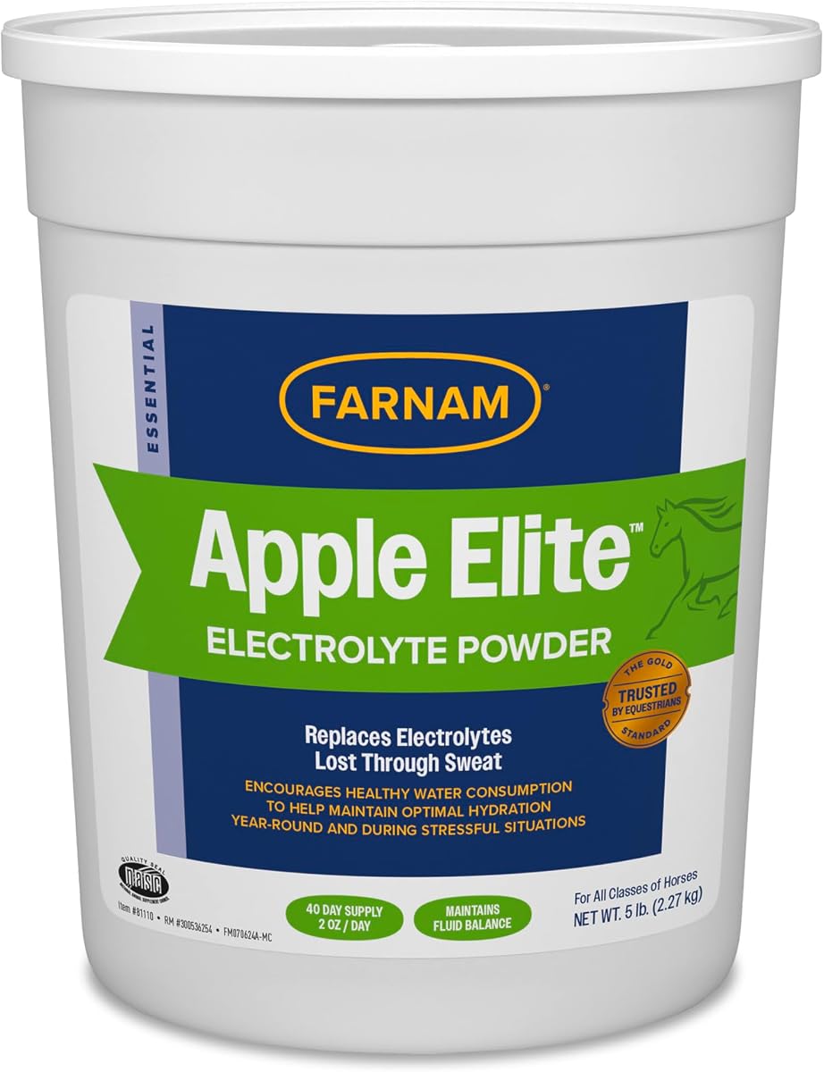 Suplemento en polvo de electrolitos para caballos Farnam Apple Elite, suministro para 40 días | Con sabor a manzana, reemplaza minerales vitales, fomenta la hidratación, sin azúcar, contiene sodio, potasio, calcio y magnesio.