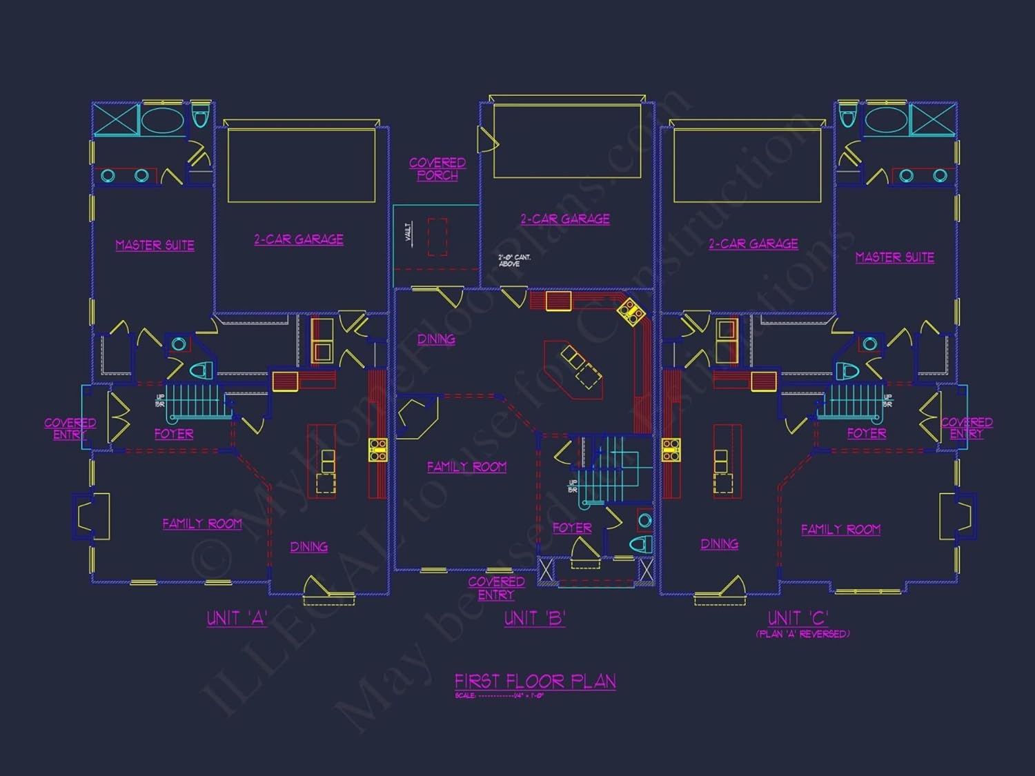 12-2340 TRIPLEX Townhouse Plan - Efficient Multi-Family Triplex House Plan with CAD Designs