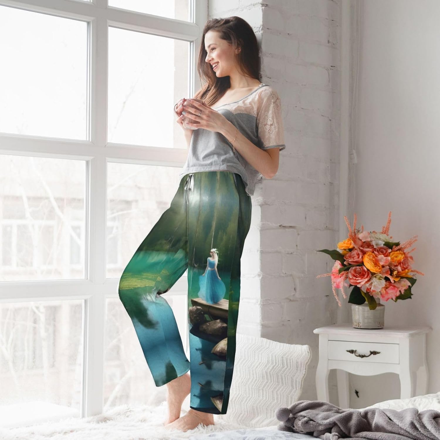Lake Fairy Print Cozy Flannel Pajama Pants For Women,Warm Christmas Pj Pants,Cute Fleece Pajamas