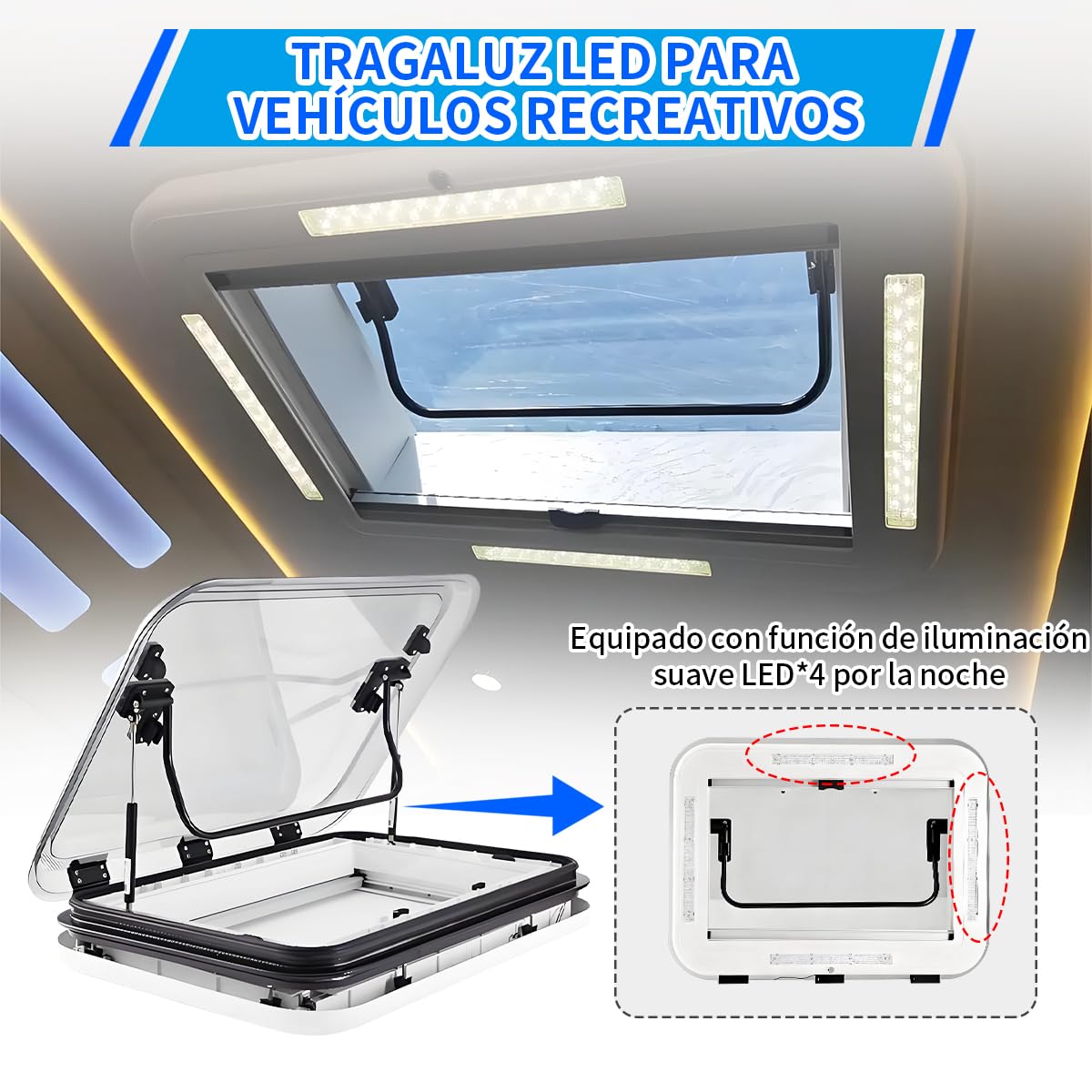 Claraboya caravana ,Claraboya de Techo para Furgoneta Camper, 700x500 mm con LED, Ventilación e Iluminación Todo en Uno, Resistente al Agua con Pantalla Antiinsectos