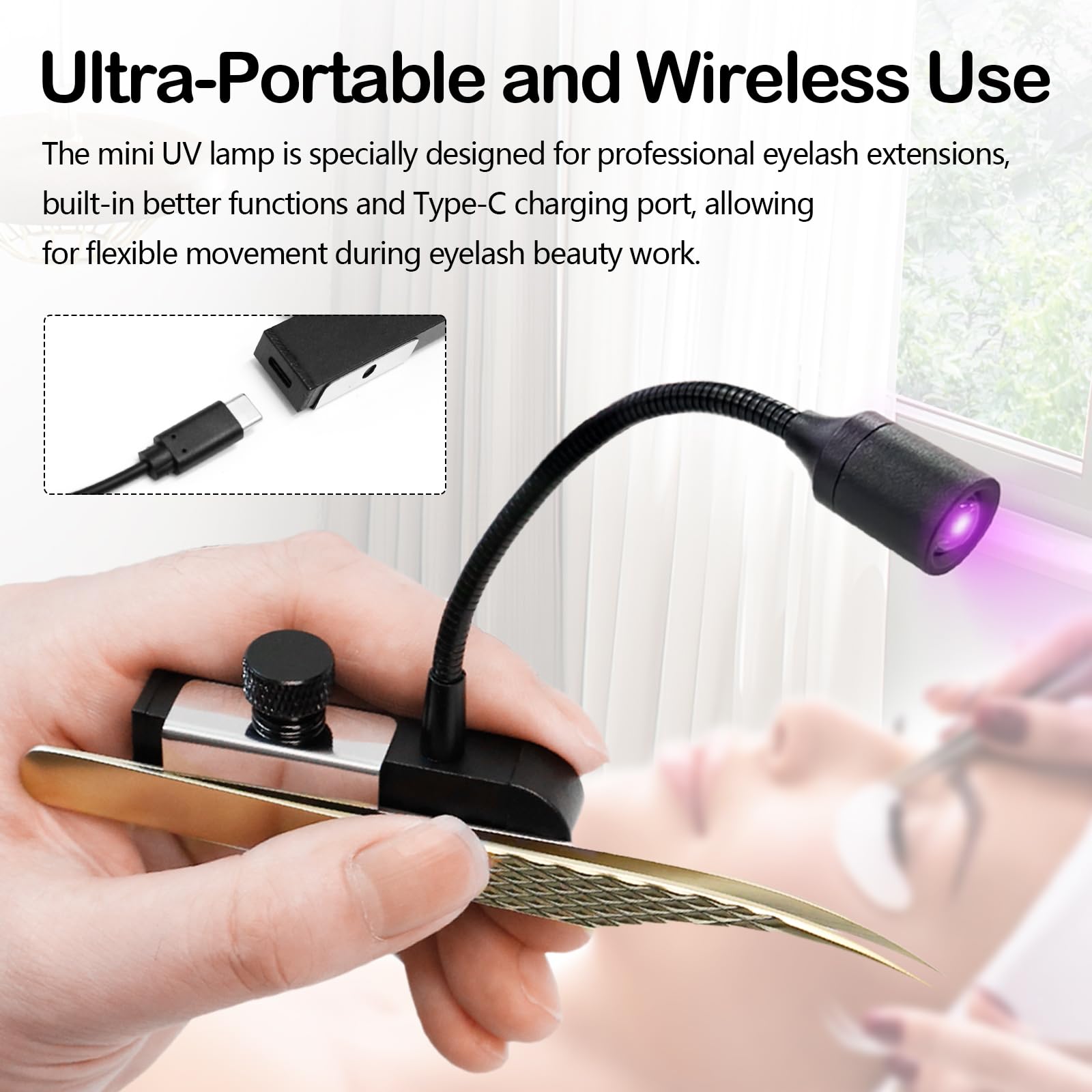 Wimpern Lampe, 1.8W Wimpernlampe UV-Licht Handheldnagelheilungslampe für Lichthärtenden Wimpernlicht für Wimpernverlängerungen mit Fußschalter Pinzetten Schwanenhals 1-3 Sekunden Ausgehärtet