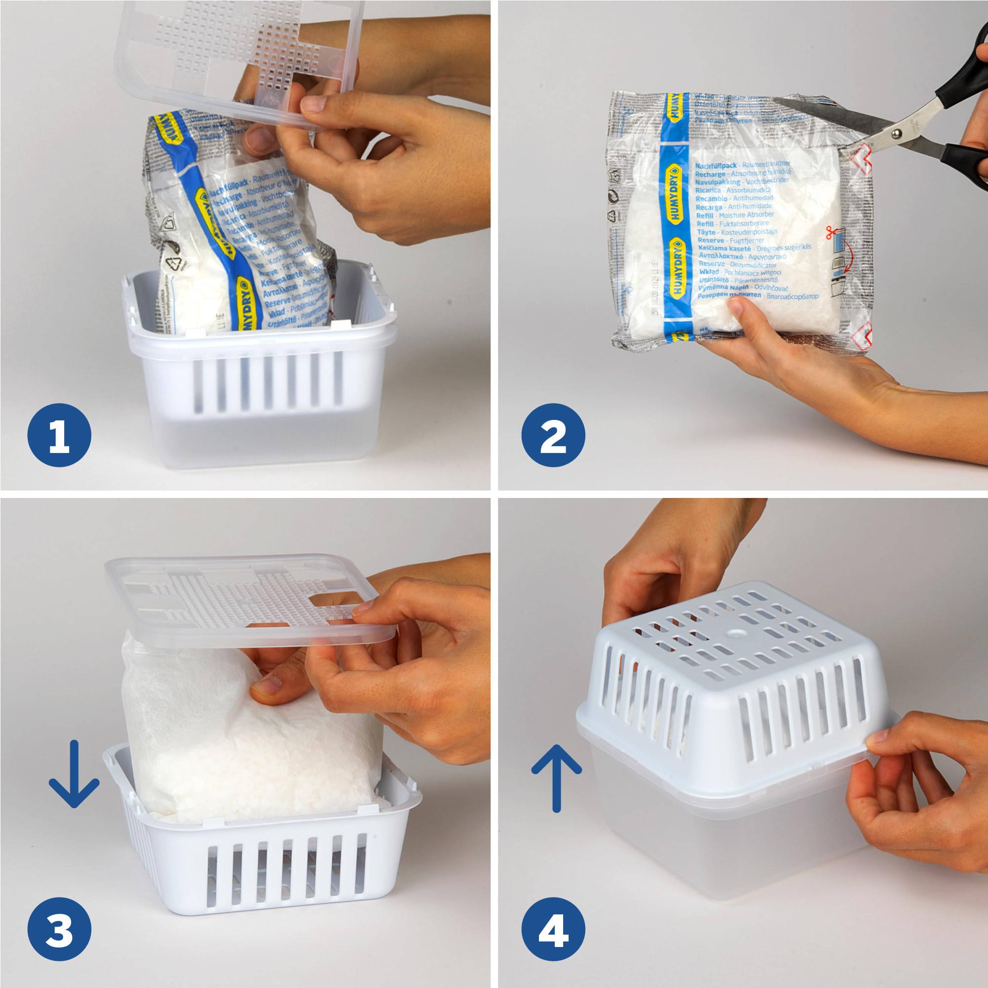 Box mit 6 - 3 Nachfüllpackungen, Feuchtigkeitsabsorber, geruchlos, 250 ml.