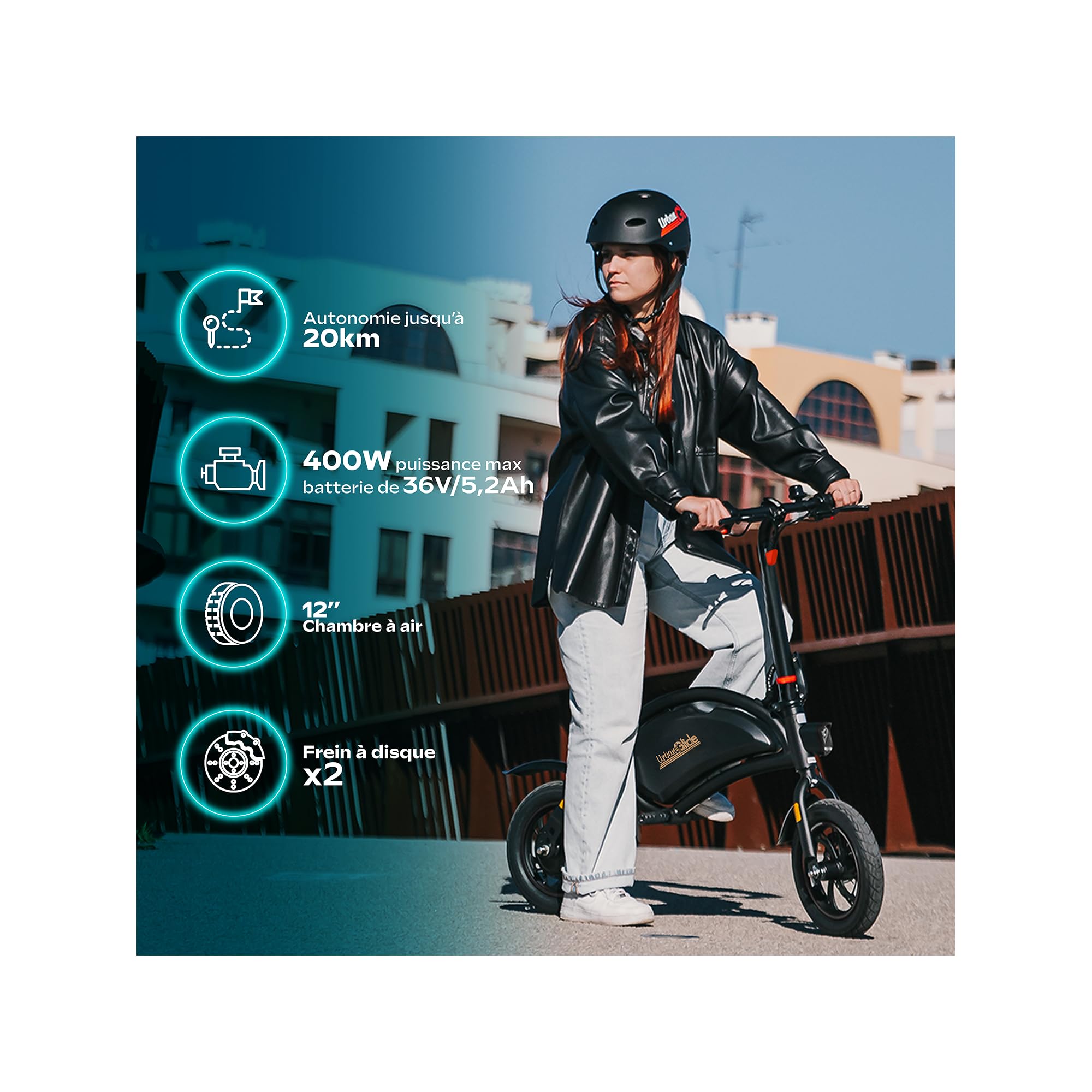 UrbanGlide Draisienne Électrique Adulte 120 – Moteur 250W - Autonomie 18 km - Roues 12" Gonflables - Batterie 42V/5.2Ah - Poids 15Kg