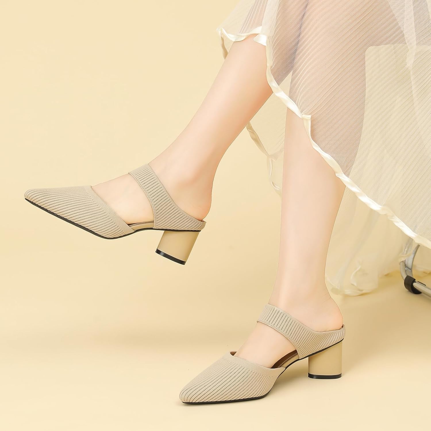 Women's Knit Pointed Toe Chunky Heel Mules Fashion Mesh Breathable Closed Toe Backless Block Heel Slip On Dressy Pumps Summer Casual Work Office Wedding Heeled Sandals - Image 7