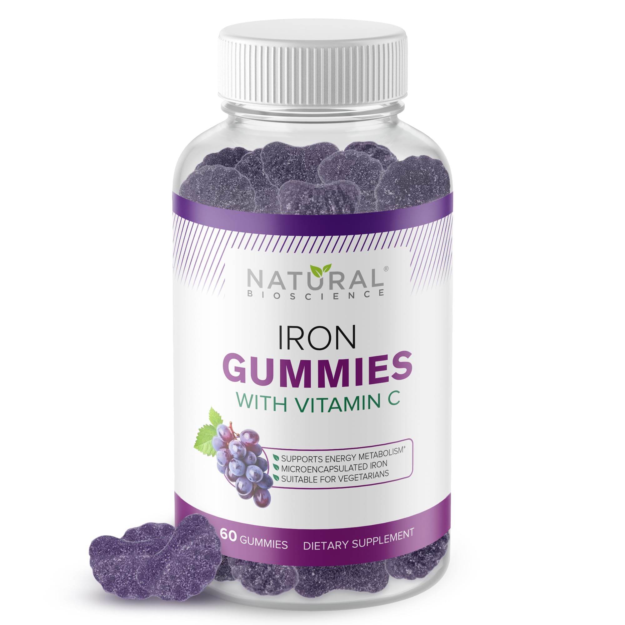 Iron Gummies with Vitamin C - Chewable Iron Supplement for Adults & Kids, Iron Deficiency Anemia, Red Blood Cell Support, Energy, Immune Function, Brain Health, Max Absorption, 60 Vegan Gummies 60 Count (Pack of 1)