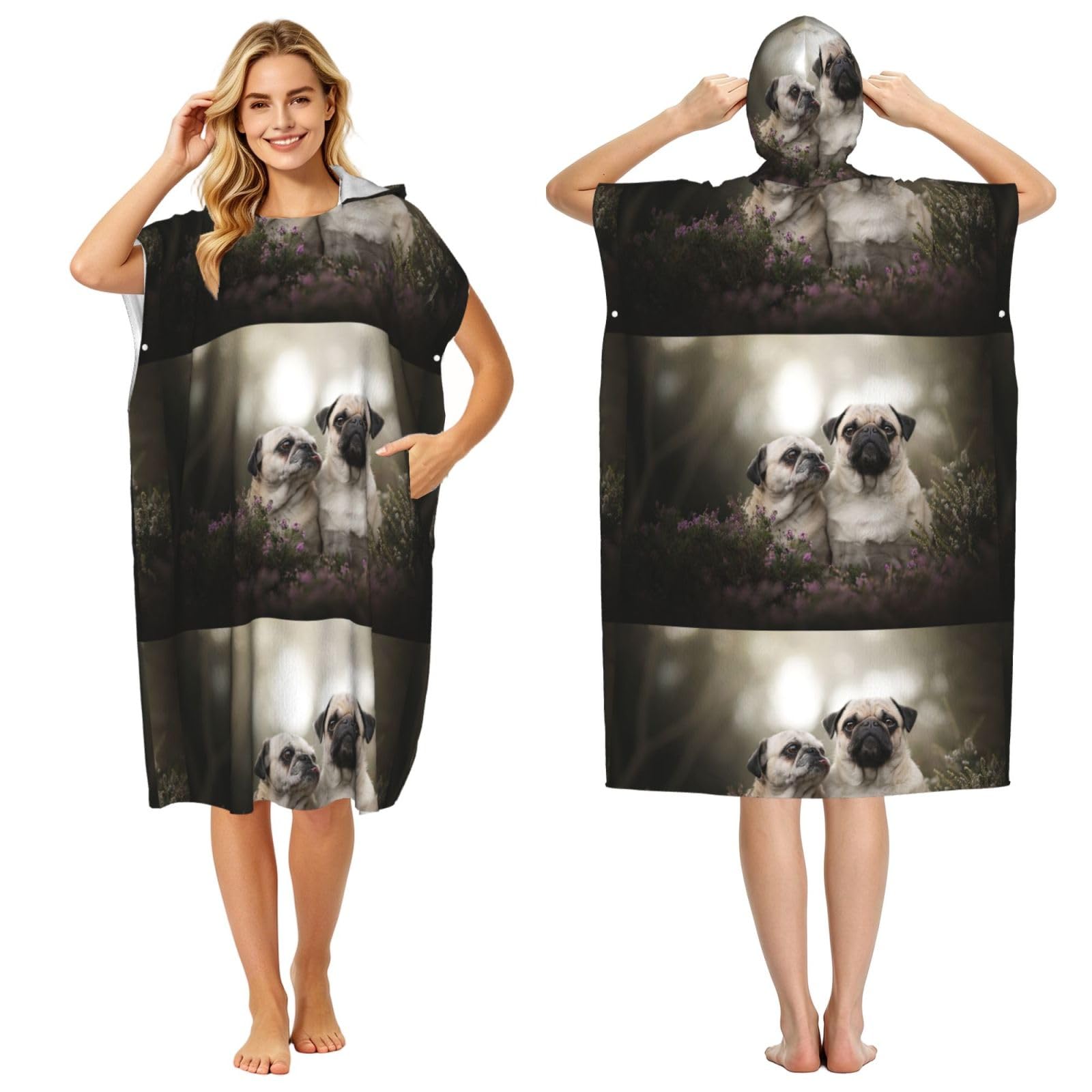 Poadnly Pug Dogs Family Bokeh Mother And Cub Dogs Pets, Adult Hooded Beach Towel 90 x 110 cm,Changing Bath Robe, Surf Poncho Towel For Women Men