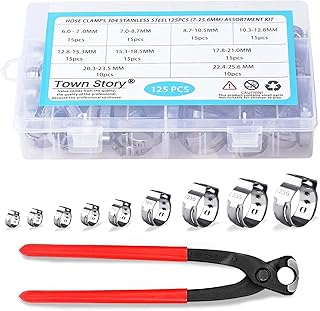 Hose Clamps 304 Stainless Steel Single Ear Hose Clamp, 125Pcs (7-25.6mm) Crimp Pipe Clamps Assortment Kit 9 Sizes Ear Stepless Cinch Rings Crimp Pinch Fitting Tools (125Pcs with Pliers)