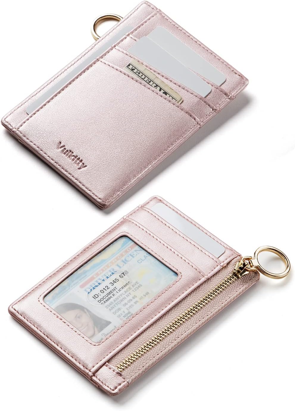 Vulkitty Slim Credit Card Holder Wallet for Women, Small Minimalist ID Wallet, Zipper Thin RFID Blocking Credit Card Holder with ID Window, Pink