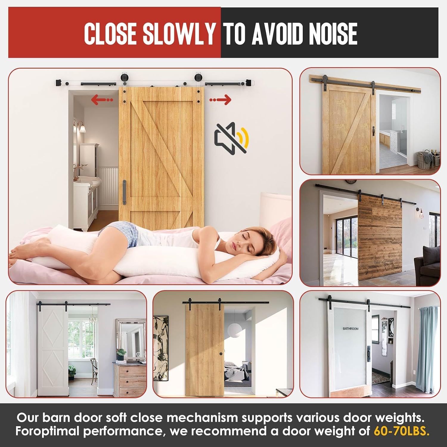 Barn Door Hardware Kit – Soft Close No-Drill (2PCS) | Hydraulic damper for 88-132 lb doors; anti-slam, silent close; protects fingers/pets; fits bedroom, bathroom, closet, pantry
