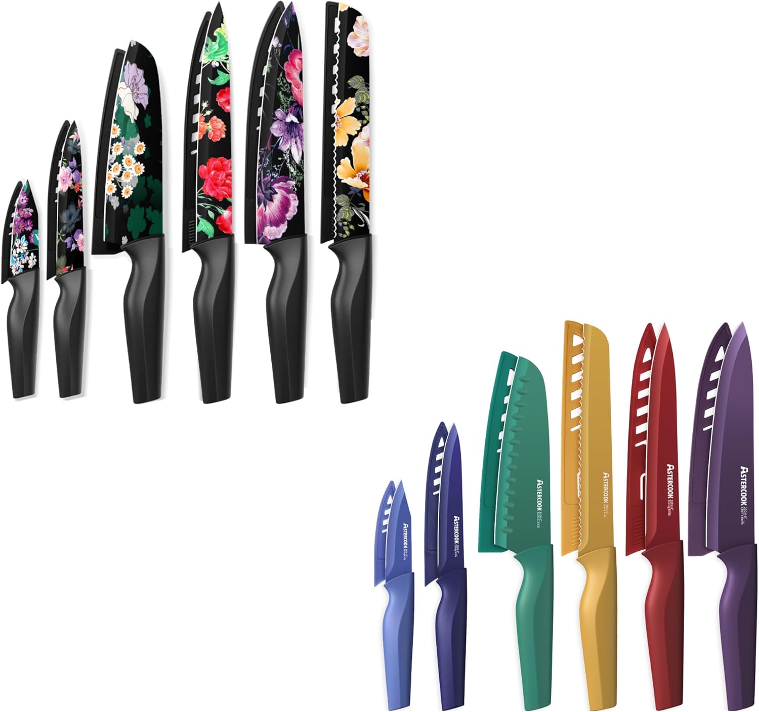 Astercook 12 Pcs Flower Kitchen Knife Set and 12 Pcs Color-Coded Kitchen Knife Set, German High Carbon Stainless Steel Dishwasher Safe