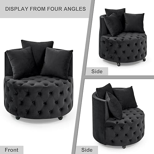 Miniatura 4 de Silla giratoria tapizada de terciopelo, con elegante diseño copetudo, ruedas circulares de actividad y 3 almohadas suaves (negro)