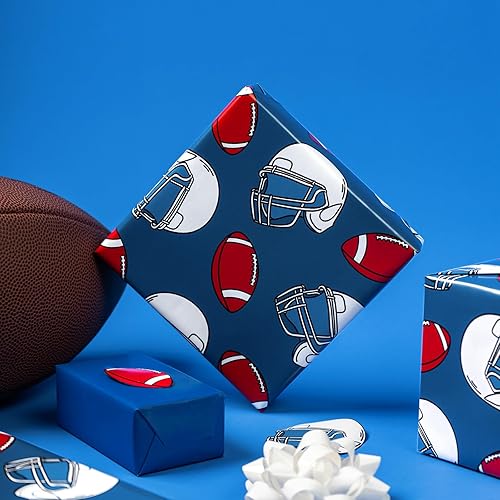 Miniatura 6 de WRAPAHOLIC Papel de regalo reversible, mini rollo, 17 pulgadas x 33 pies, diseño de rugby con diseño azul sólido para cumpleaños, vacaciones, baby