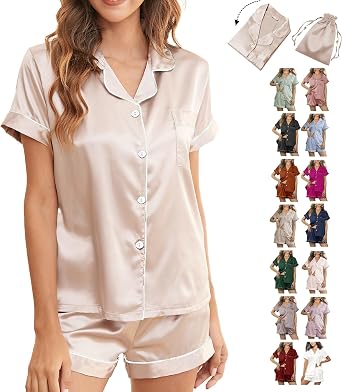 WJing Yi Jia Womens 3Pcs Floral Pajamas Sets Silk Satin Sleepwear XS4XL Button Down Short Sleeve Shirt Pjs Loungewear