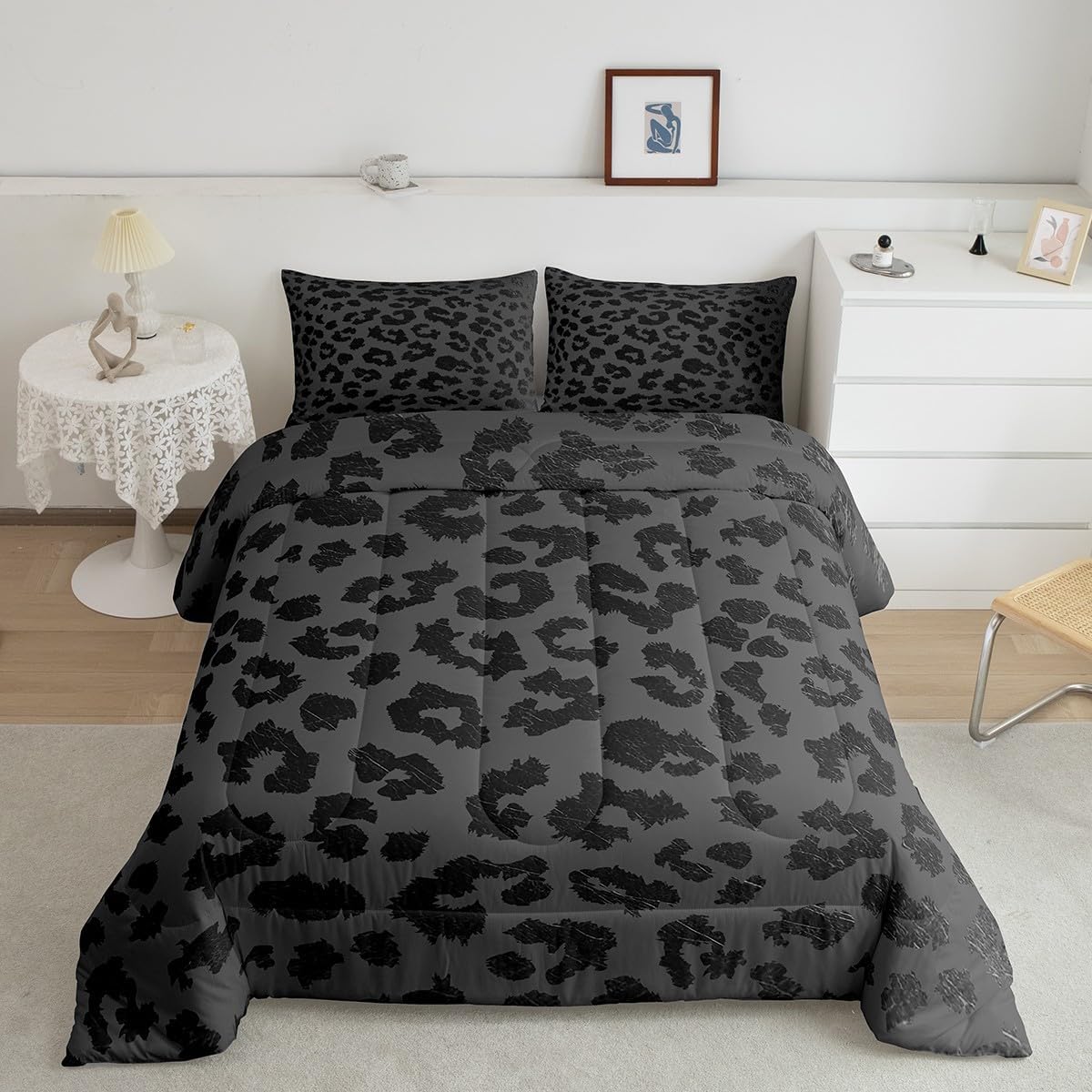 Feelyou Leopard Print Comforter Set Twin Size Wild Animal Skin Super Soft Women Bedding Set for Adults Teens Grey Black African Cheetah Wildlife Quilt Duvet Retro Noble Bedroom Decor 1 Pillowcase