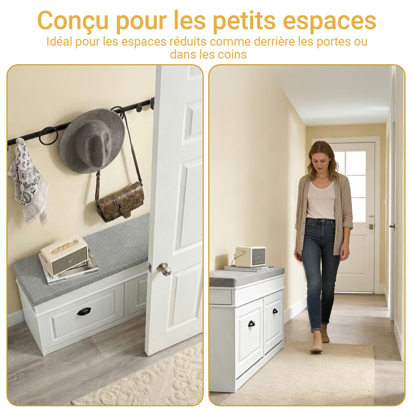 SoBuy Banc Chaussures avec Coussin 104x24x54cm pour Entrée | Meuble à chaussures 2 abattants, coffre étagère pour entrée étroite, effet bois vieilli blanc FSR64-WG