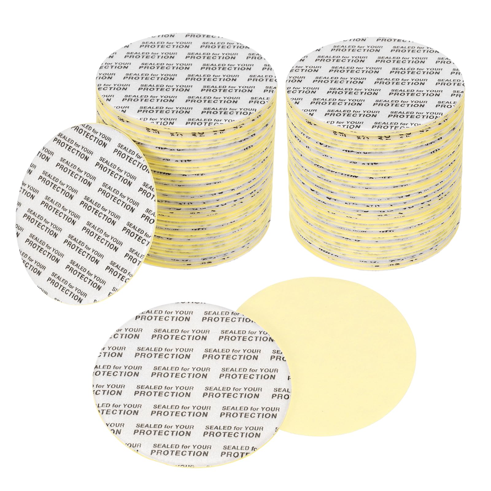 PATIKIL 53mm/2.09" Foam Lid Liner 120pcs Adhesive Round PS Pressure Sensitive Seals, Cap Liners Resistant Tamper for Plastic Glass Jar Bottle Cap Canning Vials Seals Black Text, White