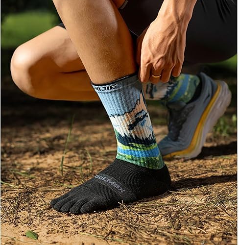 Miniatura 7 de YOUGLE Calcetines de senderismo con forro de rizo grueso Coolmax de cinco dedos para correr, calcetines de media pantorrilla que absorben la humedad