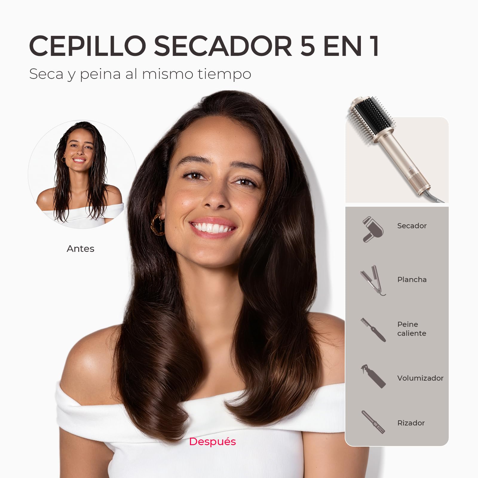 TYMO Cepillo Secador de Pelo 5 en 1, Cepillo Ligero de Aire Caliente con Motor Turbo, Secado Rápido y Suave, Alisar, Rizar, Crear Volumen