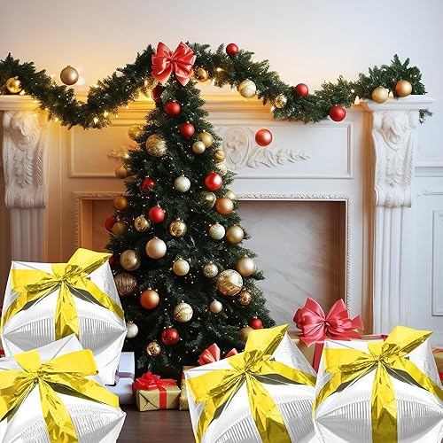 Miniatura 2 de Paquete de 4 cajas de regalo cuadradas plateadas con forma de cubo de Navidad, globo de fiesta con cinta dorada, regalo de aluminio Mylar decoración