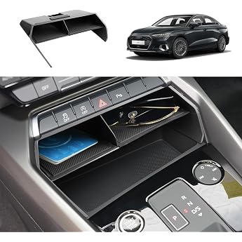 Centre Console Storage Box Compatible with Audi A3 8Y 2021-2023 Centre Console Storage Compartment Audi A3 8Y Centre Console Organiser with Black Non-Slip Rubber Mat