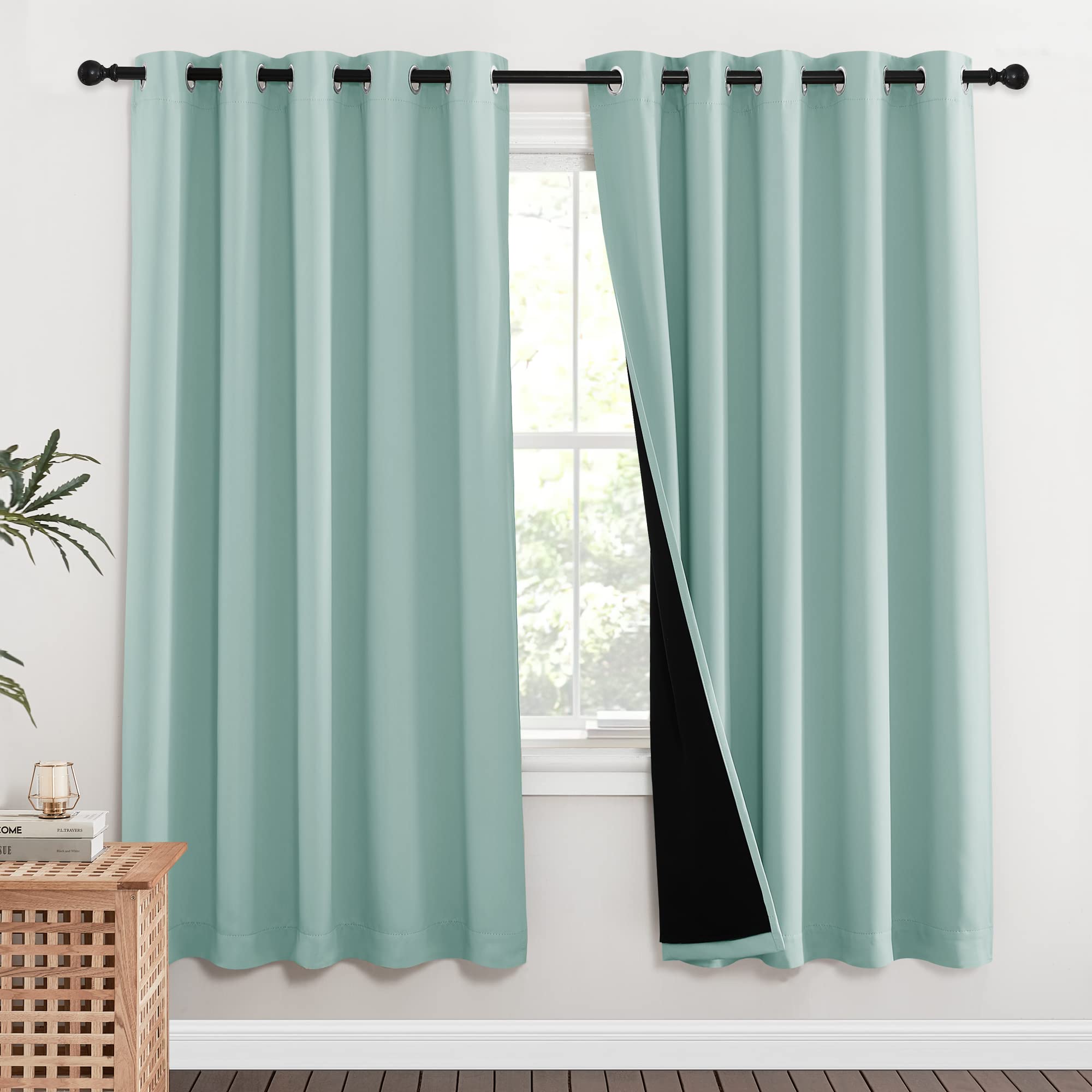 NICETOWN 100% Blackout Window Curtain Panels, Full Light Blocking Drapes with Black Liner for Nursery, 72-inch Drop Thermal Insulated Draperies (Aqua Blue, 2 Pieces, 62-inch Wide Per Panel)