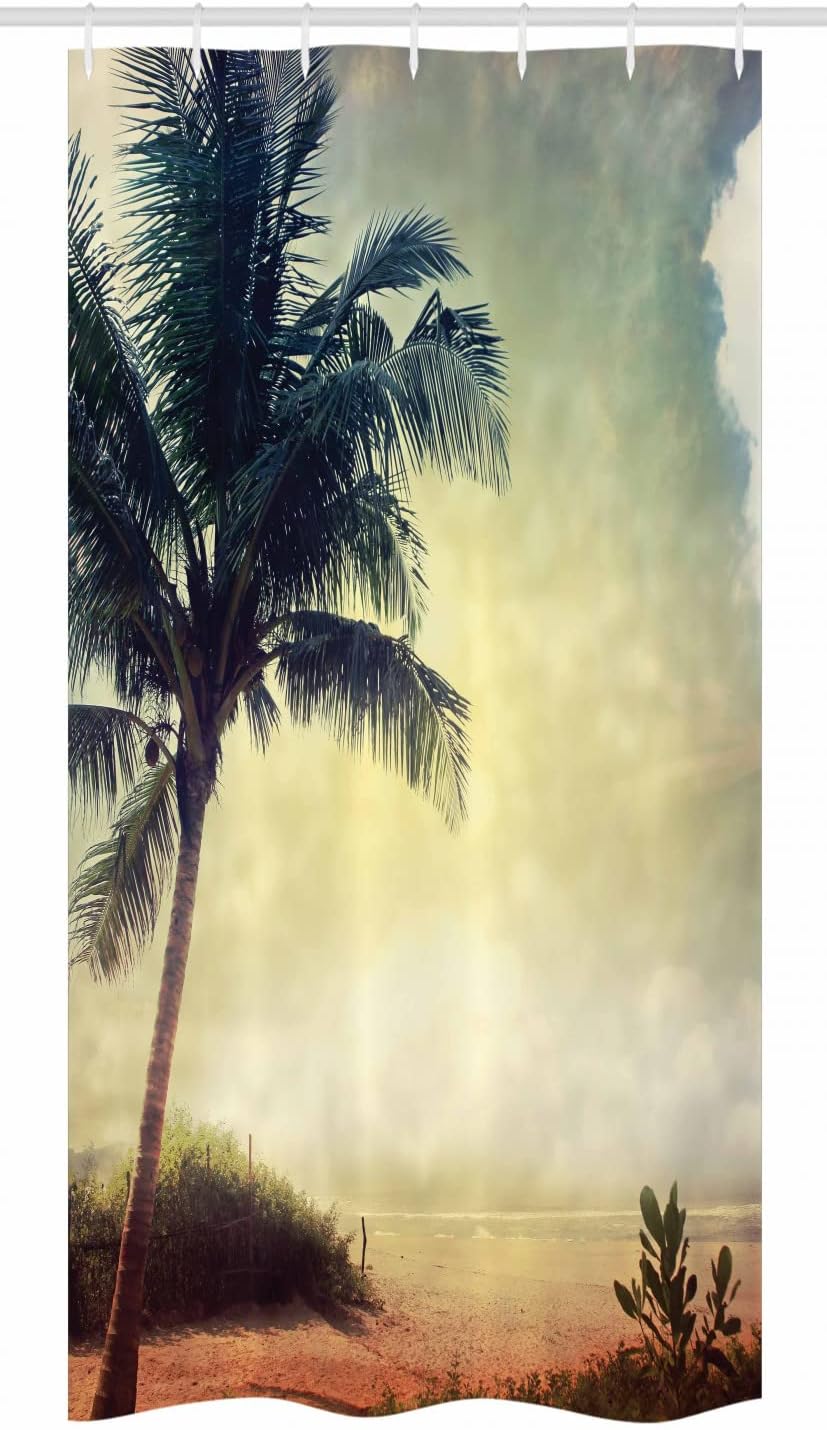 Ambesonne Hawaiian Stall Shower Curtain, Natural Beach Sunset with Palm Silhouettes Shrubs Sea Clouds and Sand Landscape, Fabric Bathroom Decor Set with Hooks, 36" W x 72" L, Brown Teal