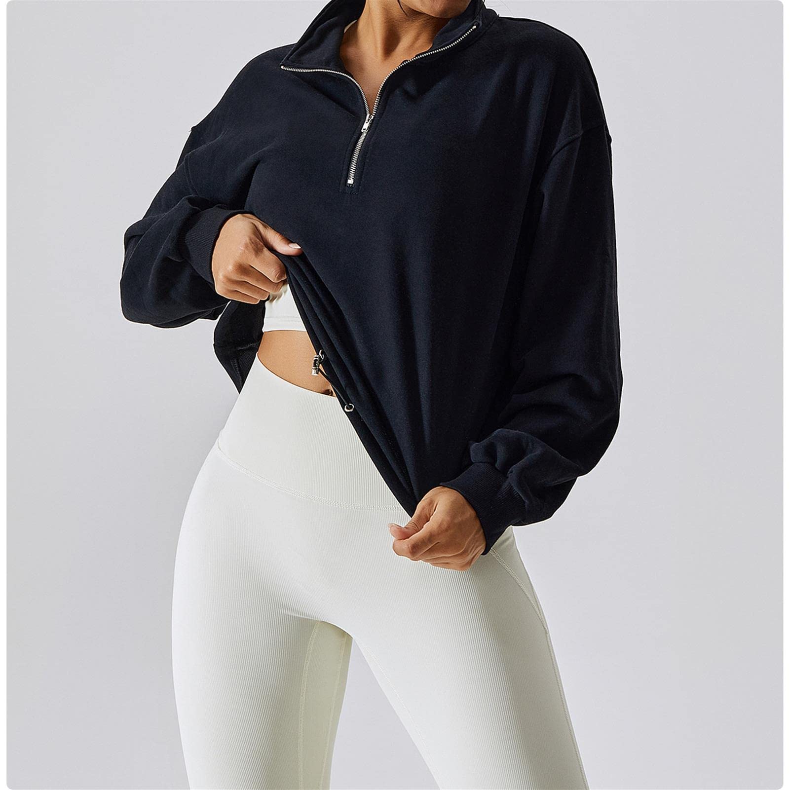 Damski sweter z zamkiem 1/4 z długim rękawem i wysokim dekoltem sweter sportowy przycięta bluza nastolatki jesienne ubrania do biegania na świeżym powietrzu