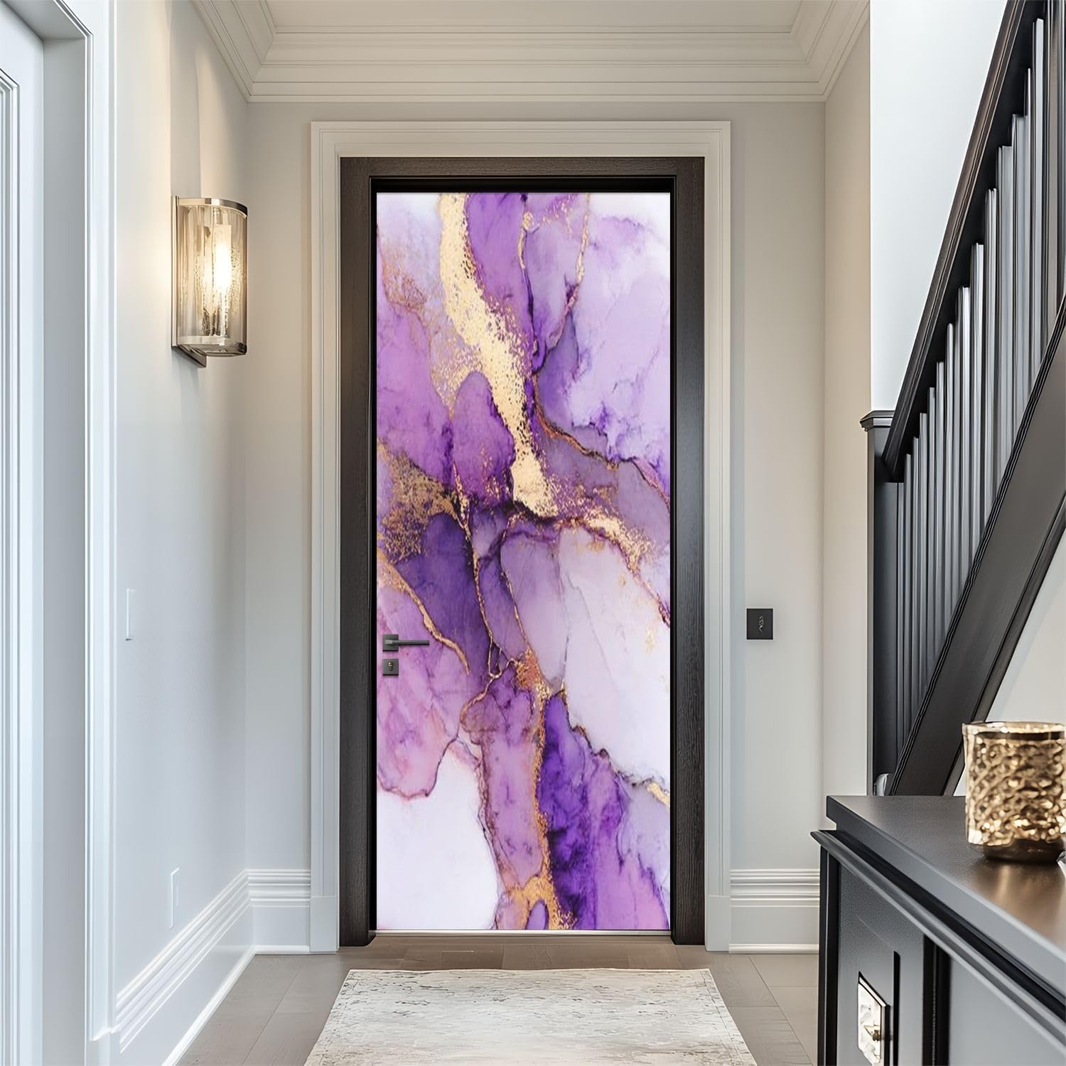 Door Sticker Decals 3D Purple Gold Abstract Marble Liquid Ink Art Painting Paper Sticker Murals Peel and Stick Wallpaper Self-Adhesive Door Poster for Bedroom Living Room 30"x79"