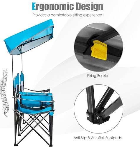 Miniatura 8 de Tangkula Silla de camping de dos plazas con toldo de sombra ajustable, silla de playa portátil con bolsa de refrigeración, 2 portavasos, bolsa de