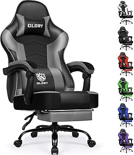 Gaming Stuhl Ergonomischer mit Fußstütze, Gaming Chair Bürostuhl 150 kg Belastbarkeit, Gamer Stuhl aus Kunstleder, Höhenverstellbarer PC Zockerstuhl für Jugendliche Erwachsene, Grau