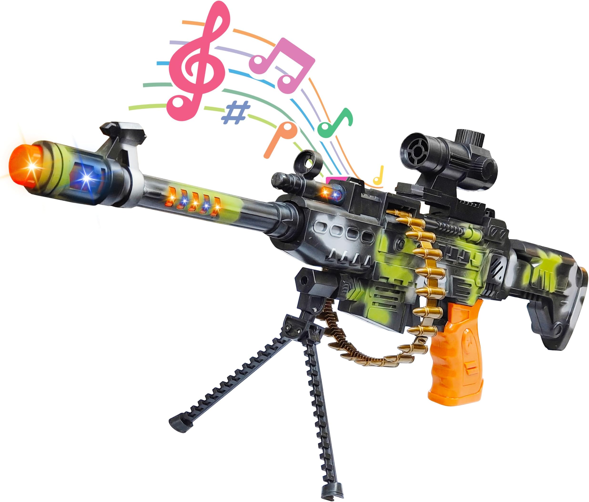 VGRASSP Army Style Machine Gun Toy for Kids with Realistic Bullets on Belt Movement, Music, Lights and Laser Light (25 Inch) - Color As Per Stock