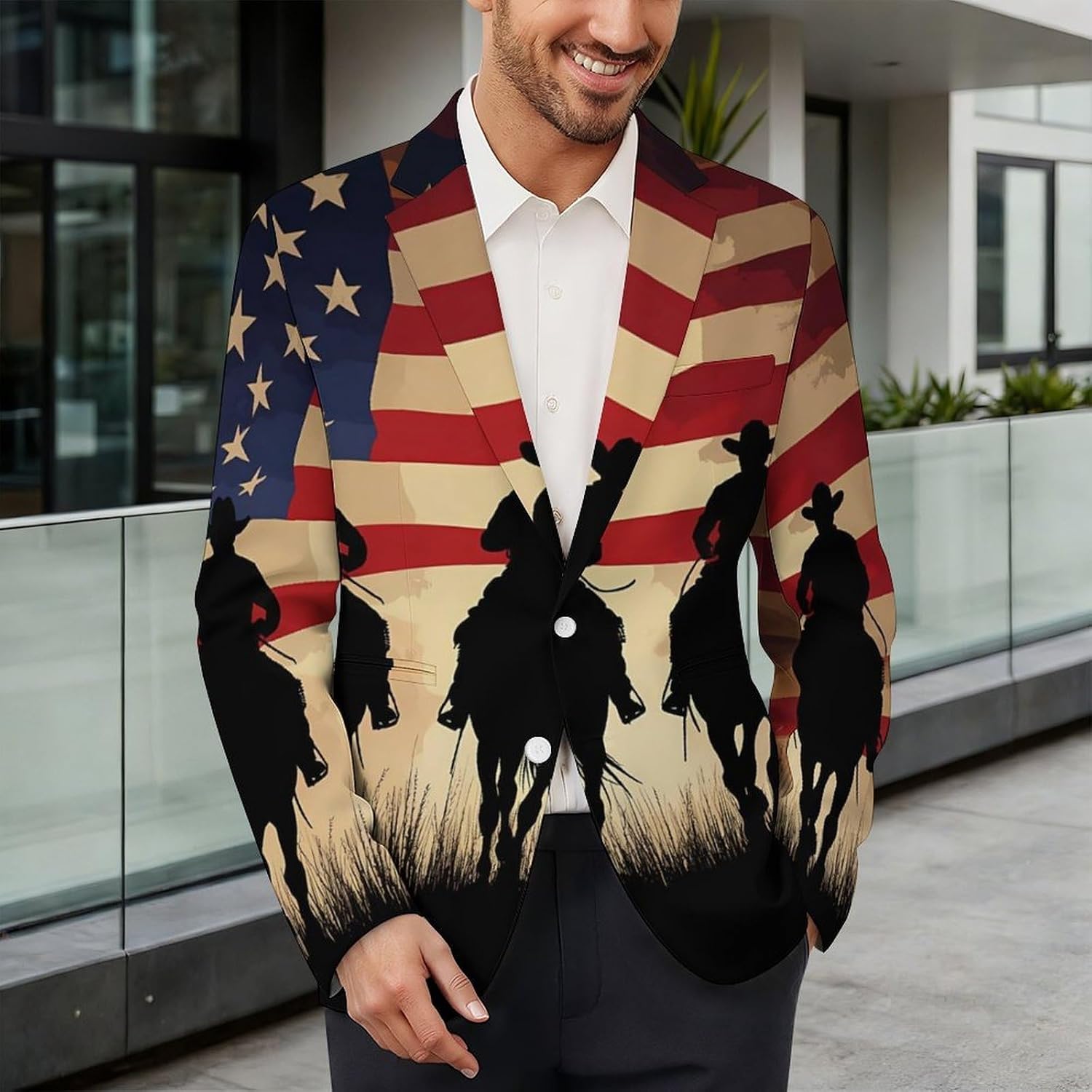 U.S Flag Riding Horse Mens Casual Blazer Two Button Lightweight Sport Coat Suit Jacket