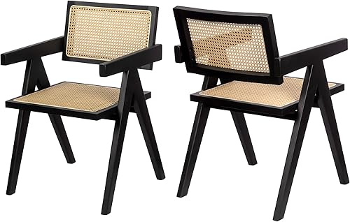 Miniatura 7 de Juego de 4 sillas de comedor de caña de ratán, color negro, para comedor con reposabrazos