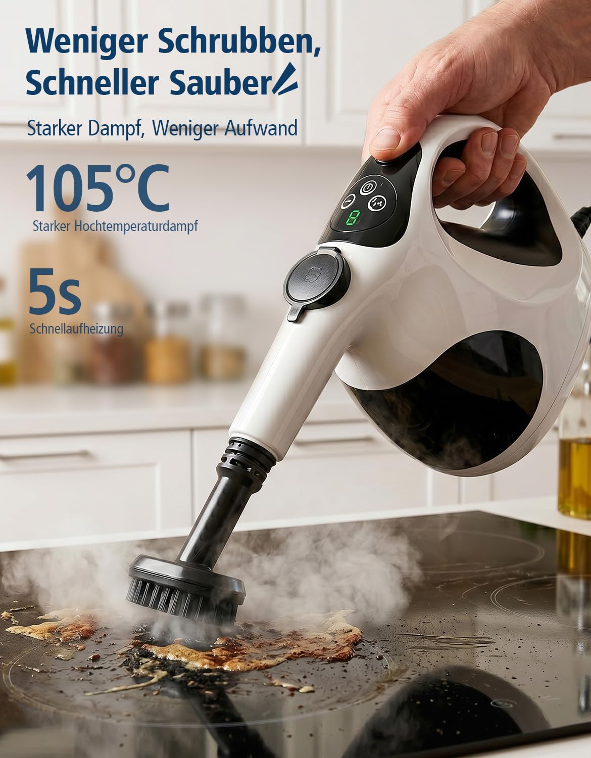 Limpiador de Vapor 1200W, Calentamiento en 5S, 3 Modos | Depósito 400ml, recarga continua, 105°C, control con 1 botón, sin productos químicos, 10 accesorios