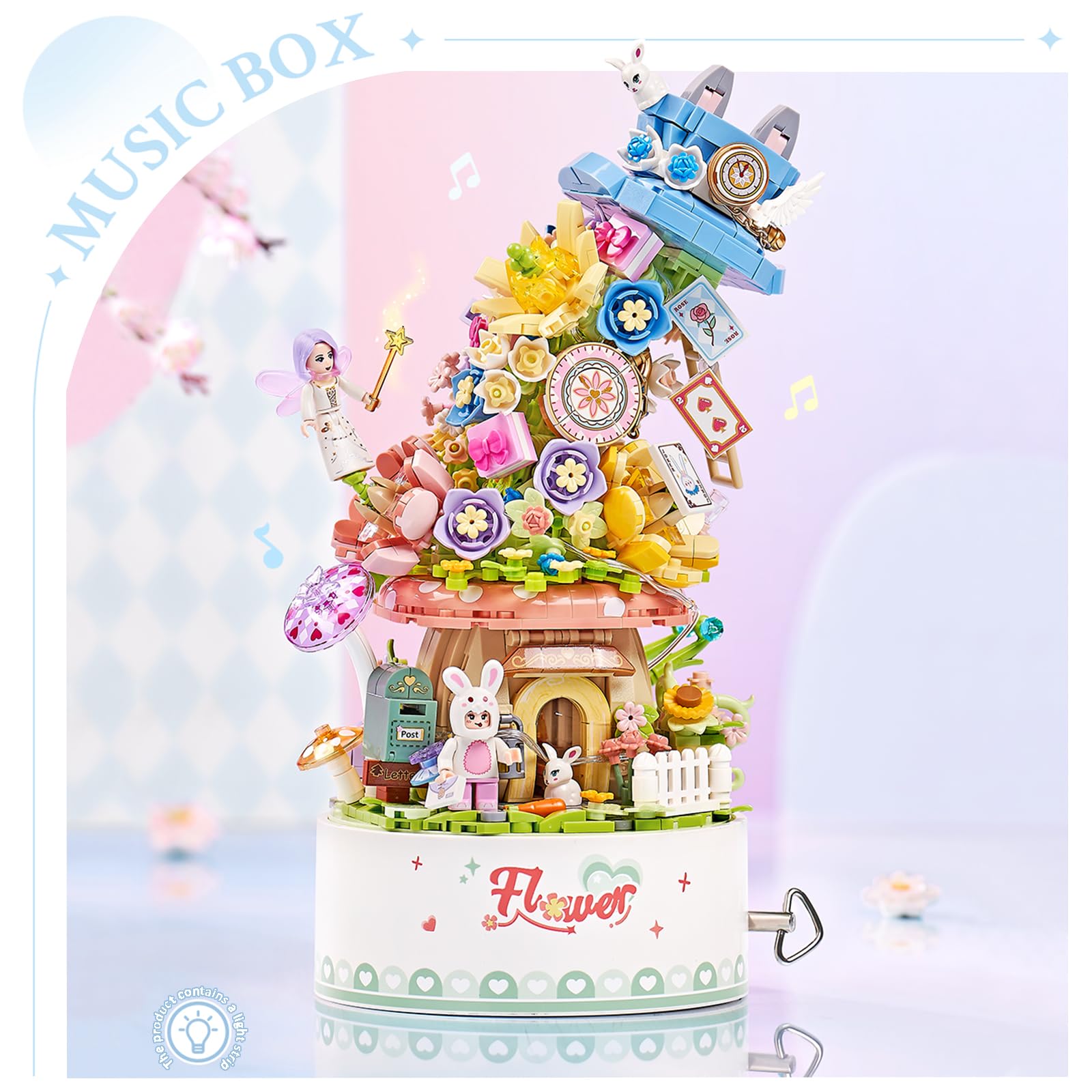 LOTOLO Falls Building Blocks Rotating Music Box Set,Candy Flower Bonsai Botanical Collection with Light,Home Decor (Flower) - Image 3