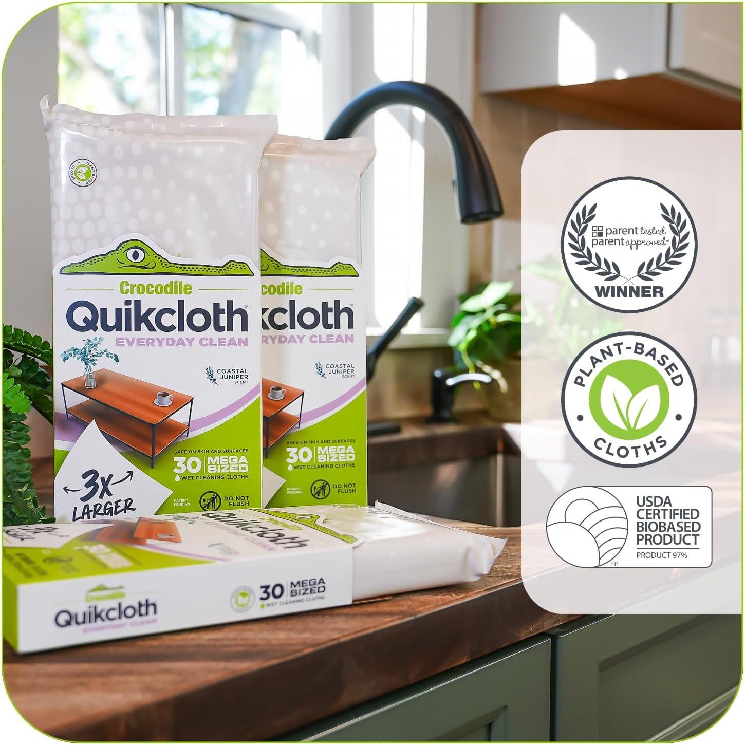 Quikcloth® Everyday Clean – Plant-Based, Gentle, Plastic-Free Cleaning Wipes for Home & Kitchen - Safe on Hands and Surfaces (1 Count (3 Packs of 30))