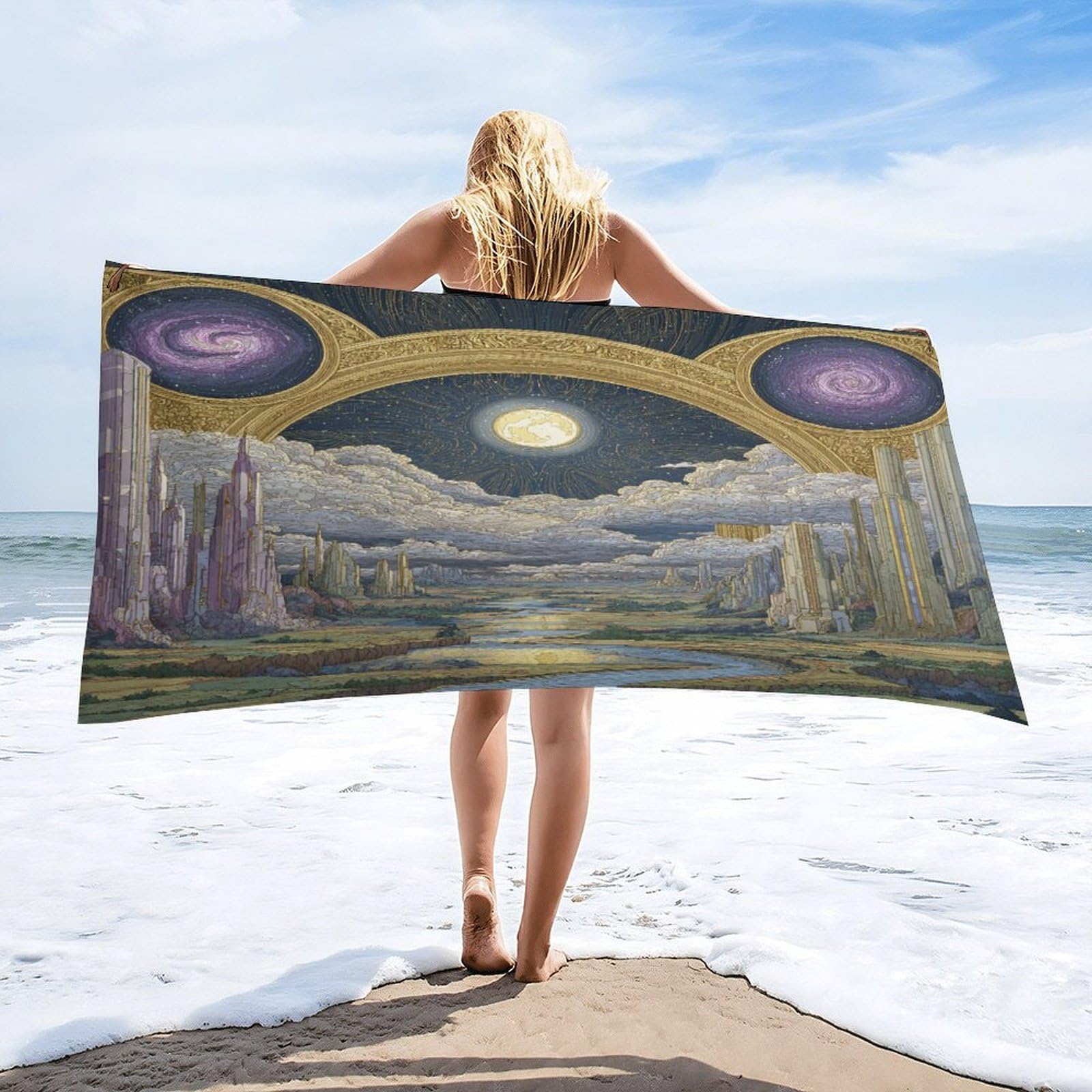 Luyysky Colorful Fantasy Archway Absorbent Beach Towel, Abstract Aesthetic Full Moon Starry Sky Outer Space Galaxy Outdoor Single-Sided Velvet Beach Towel-80 W Cm X 160" L Cm