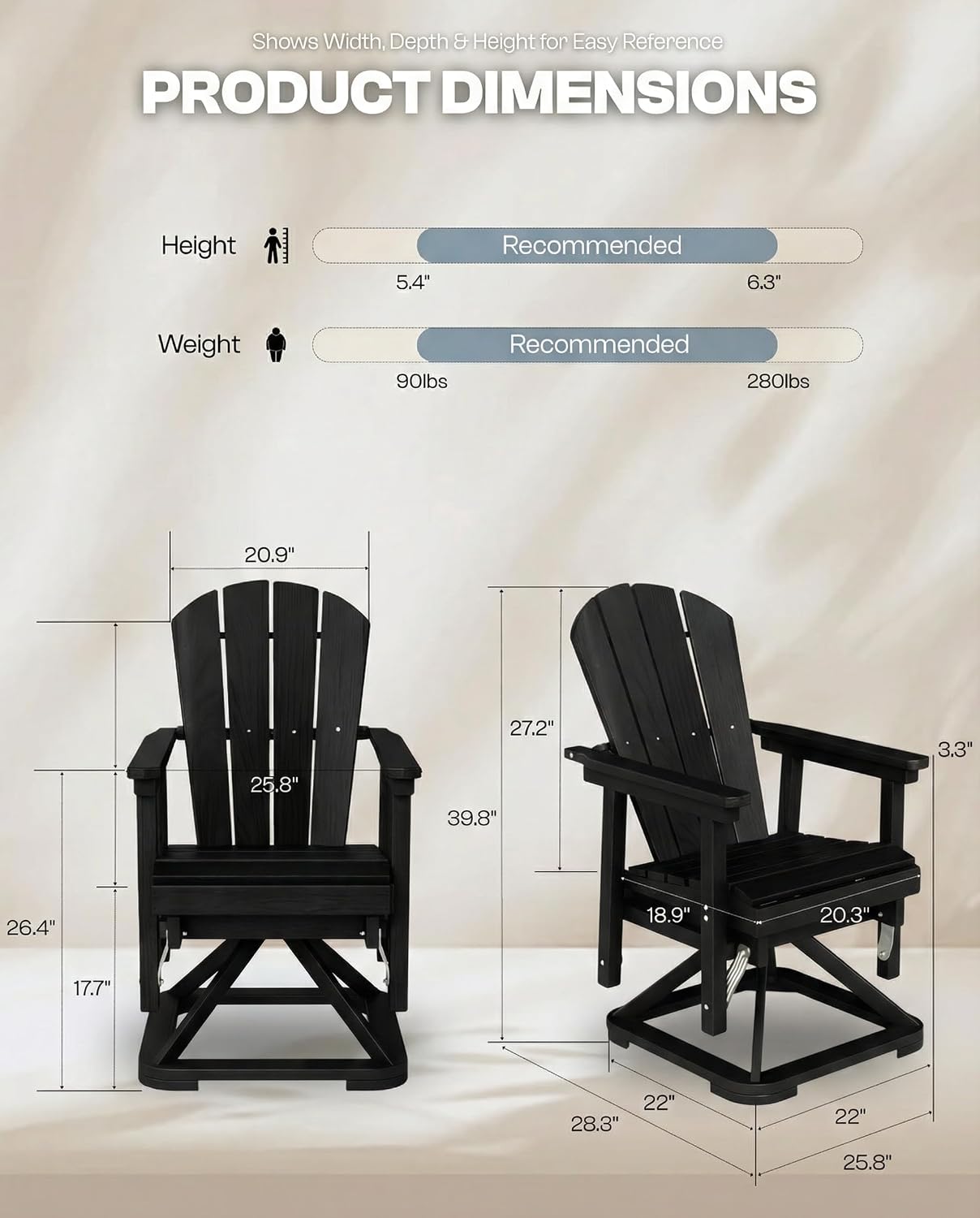 HDPE Swivel Glider Chair Outdoor, Weather Resistant Adirondack Outside Rocking Chair, Wooden Textured Outdoor Swivel Chair Set of 6 for Porch, Balcony, Poolside, Backyard (Black)