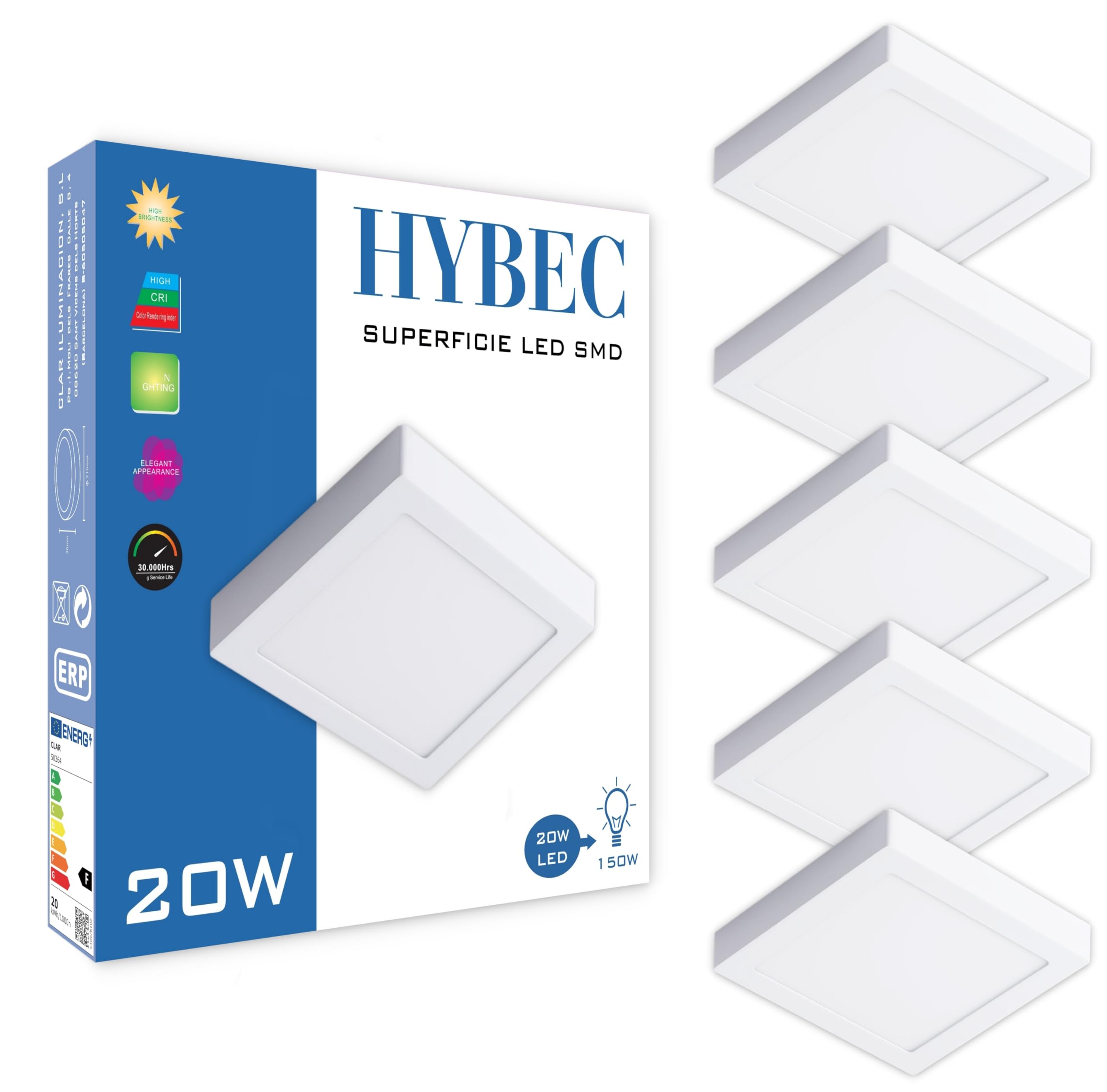 CLAR - Downlight LED surface 20 W carré, plafonniers, applique de surface, plafonnier carré, lumière froide 6500ºK (Pack 5)