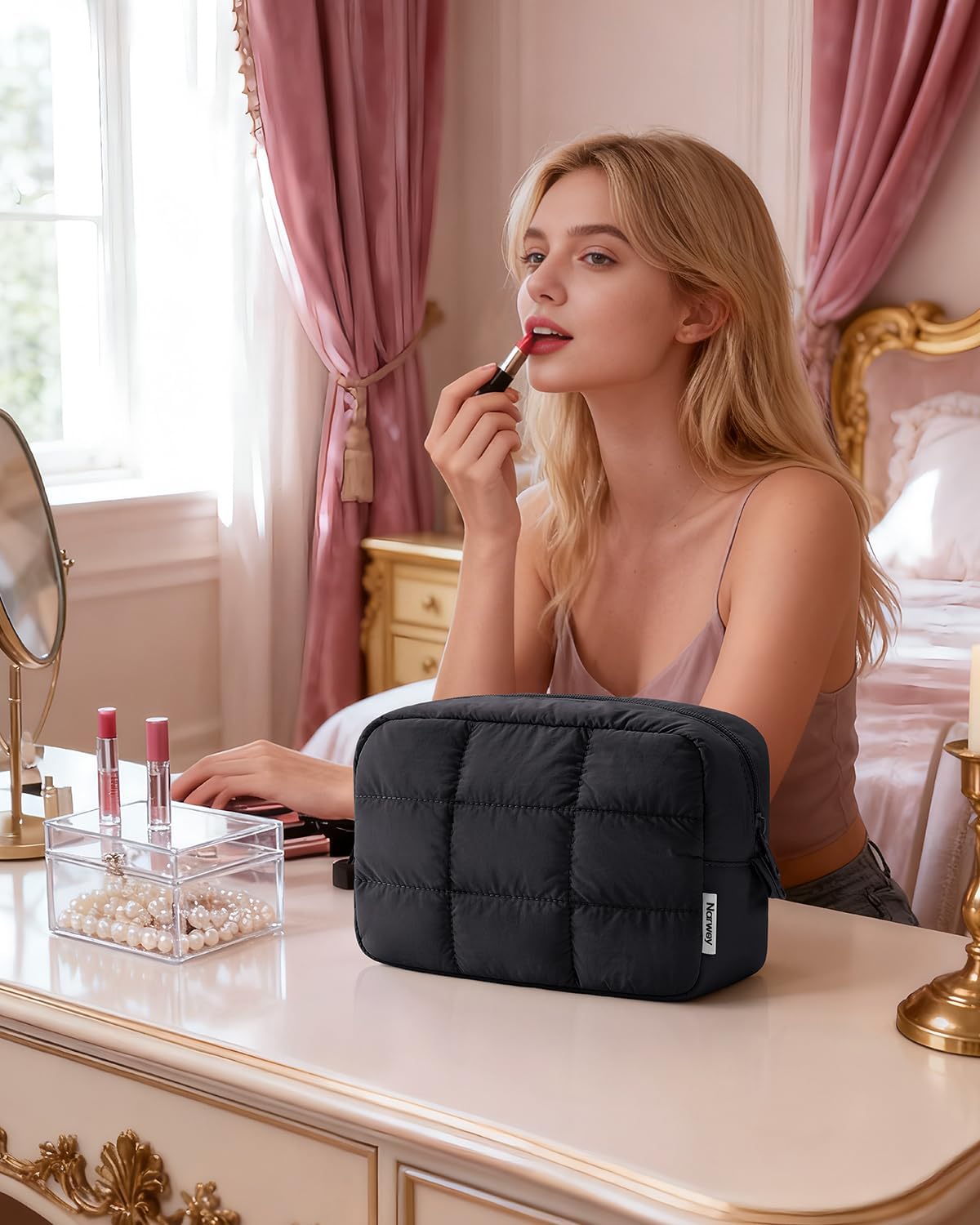Narwey Quilted Makeup Bag for Women Girl, Puffer Travel Cosmetic Bag Puffy Make Up Bag Organizer, Cute Travel Toiletry Bag for Toiletries (Black) - Image 6