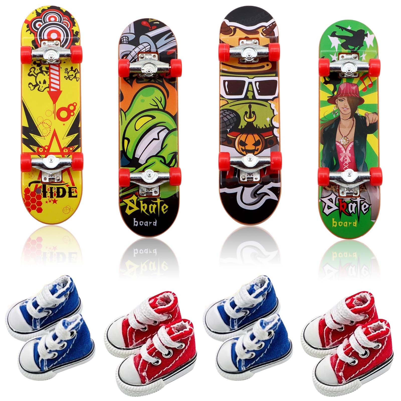 ZOCONE Mini Finger Shoes Skateboards Set - 4 Pairs Finger Scooter Shoes Red & Blue Mini Fingerboard Skateboard Shoes for Finger Toys with 4 Fingerboards for Finger Breakdance Party Bag Fillers