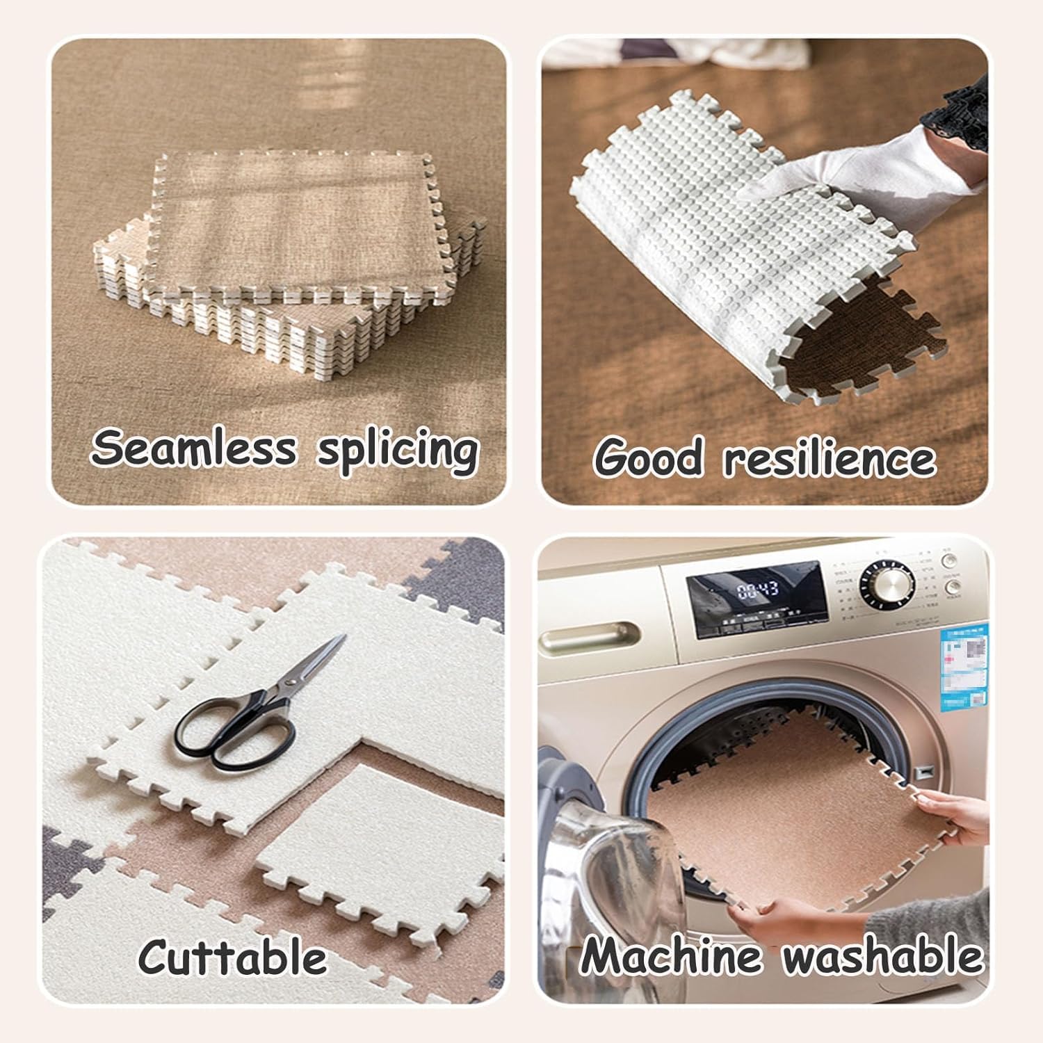 30-częściowa kwadratowa mata podłogowa z pianki puzzli – 30 x 30 x 1 cm grubości, zazębiające się płytki dywanowe, miękka bawełniana i lniana góra, różowo-czerwona i jasnoszara, idealna do pokoju
