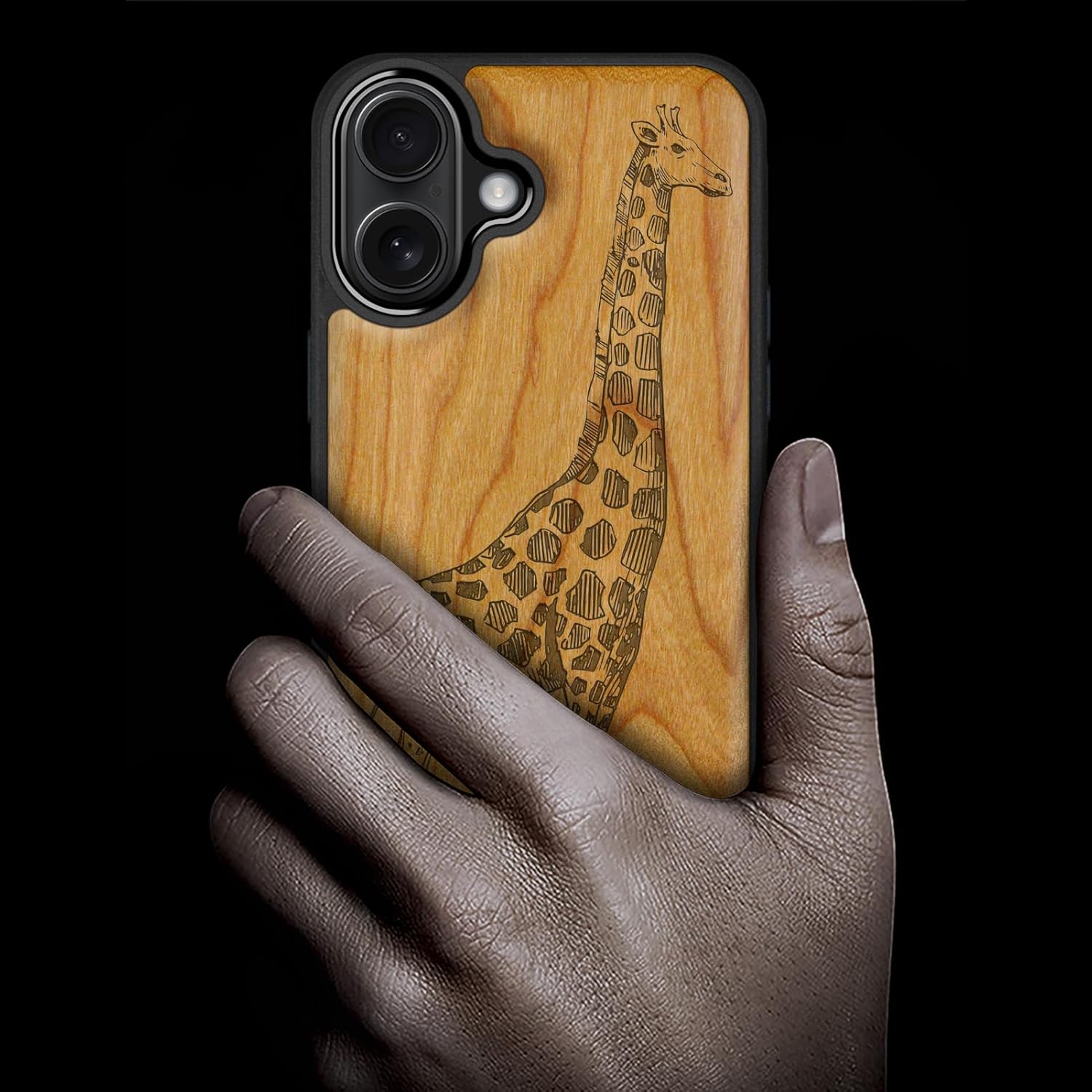 Carveit Magnetic Wooden Case for iPhone 17 Case, Wood Artisan Engraved & Black Soft TPU Shockproof Cover, Compatible with MagSafe Wireless Chargers (Hand-Drawn Giraffe) Cherry