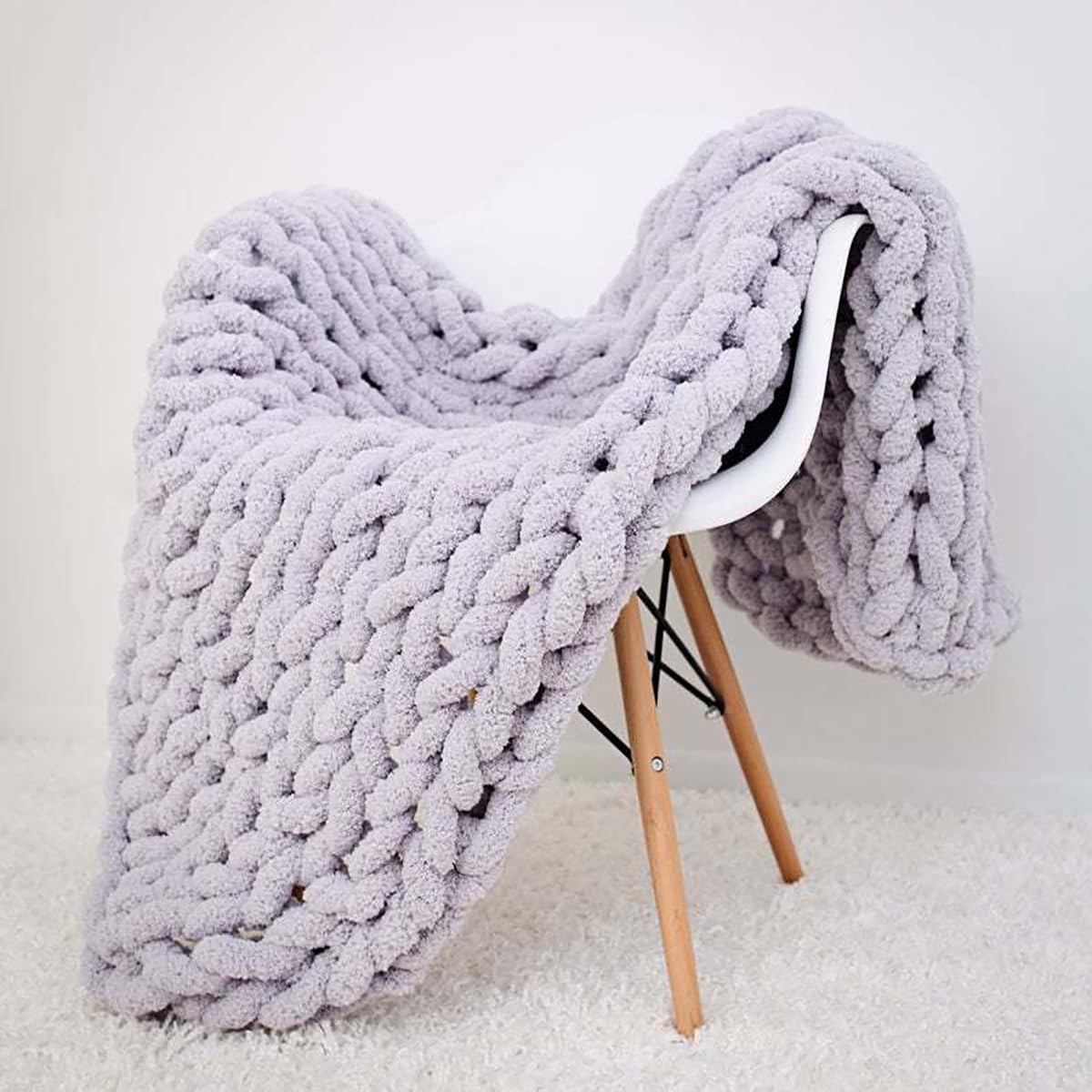 Dazzluxe Chunky Knit Blanket Throw, Soft Chenille Yarn Throw Blanket, Handmade Thick Cable Knit Crochet Blanket, Large Knit Chunky Throw Blanket for Couch Home Decor,Light Grey,80 * 100cm