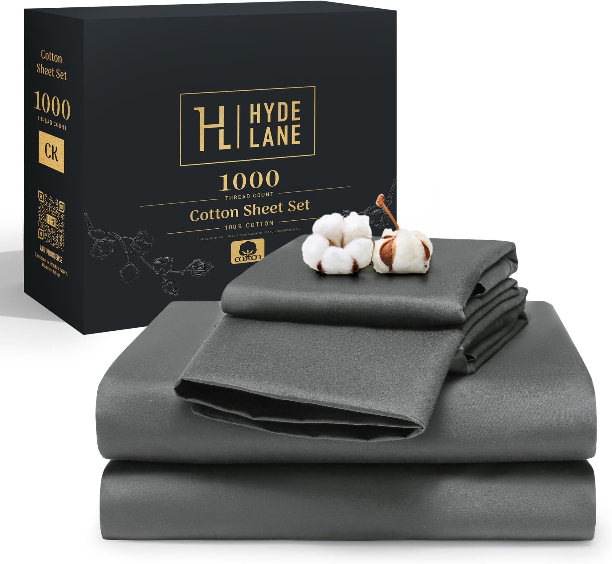 Hyde LaneLuxury 1000 Thread Count 100% Cotton Sheets King Size | Very Comfy Soft & Thick with 18" Deep Pocket | Fits up to 20" Mattress | Sateen Weave Bed Sheets - 4 PC Sheet Set (Grey)