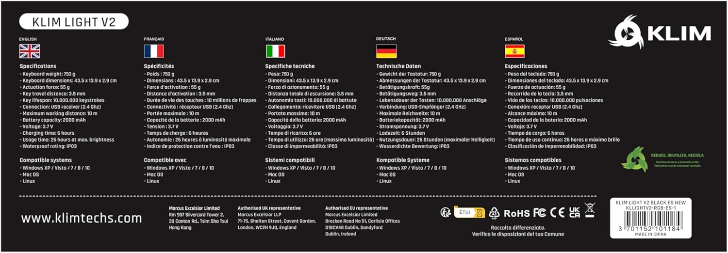Multi-language table of KLIM Light v2 keyboard specifications, including weight, dimensions, battery, and compatible systems.