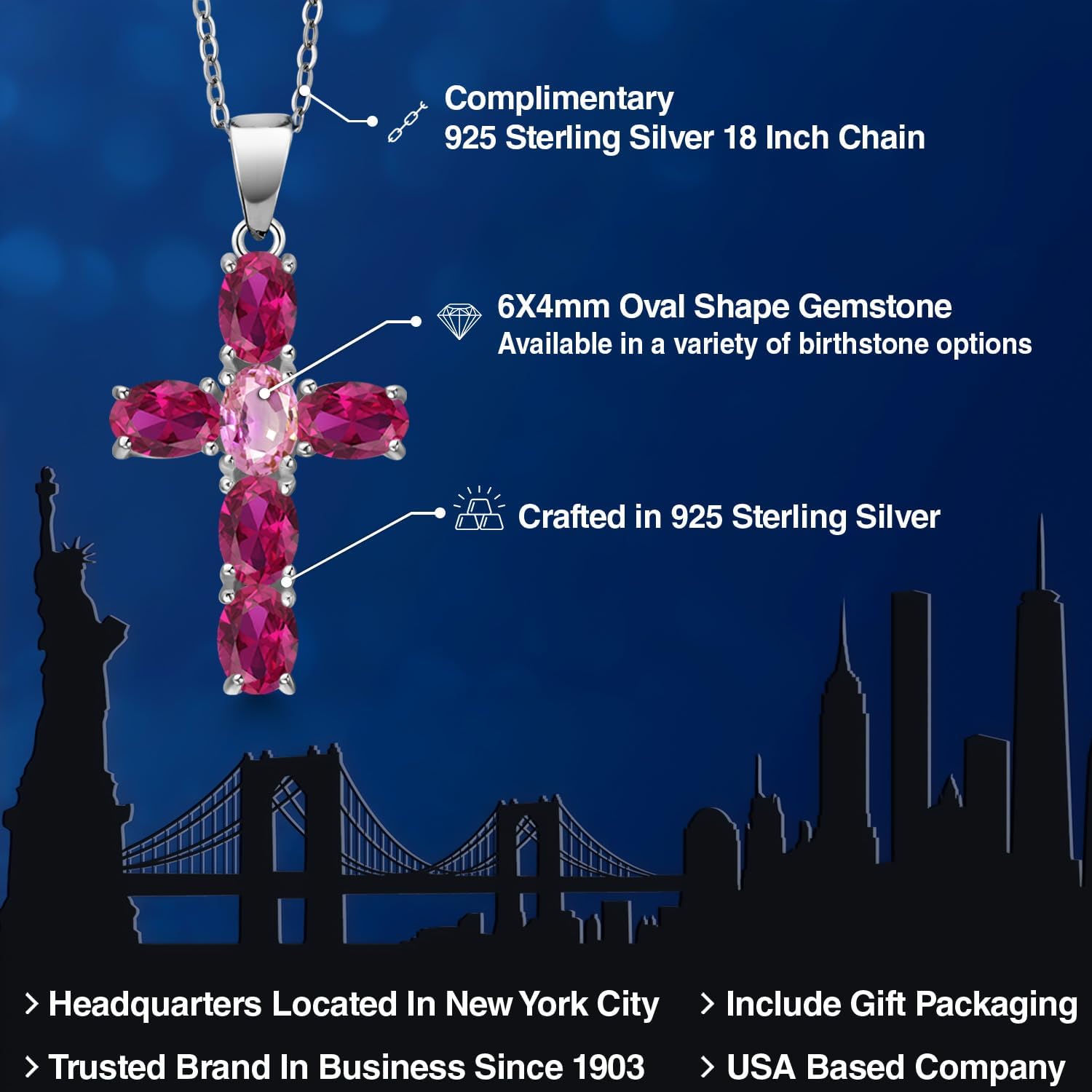 Gem Stone King 925 Sterling Silver Red Created Ruby and Pink Sapphire Cross Pendant Necklace for Women | 3.10 Cttw | Gemstone July Birthstone | Oval 6X4MM | With 18 Inch Chain - Image 2